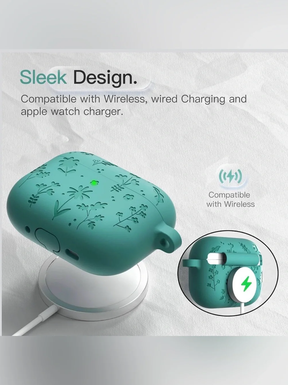 Floral Silicone AirPods Pro 2 Case Green with Keychain & Cleaning Pen